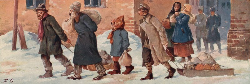 Sovětští dělníci opouštějící své kanceláře se svými příděly jídla (color litho) od Boris Vasilievich Zvorykin