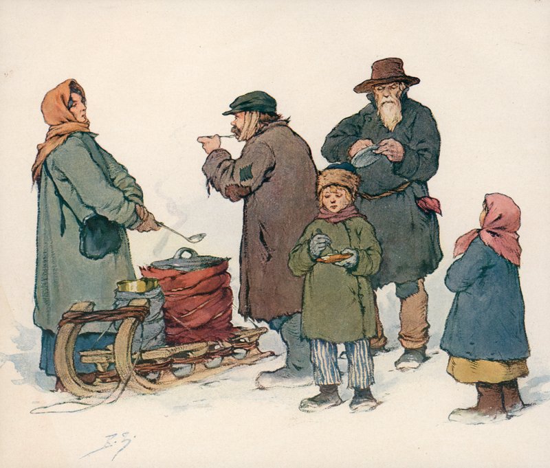 Žena prodávající horkou polévku na ulici v sovětském Rusku (barva litho) od Boris Vasilievich Zvorykin