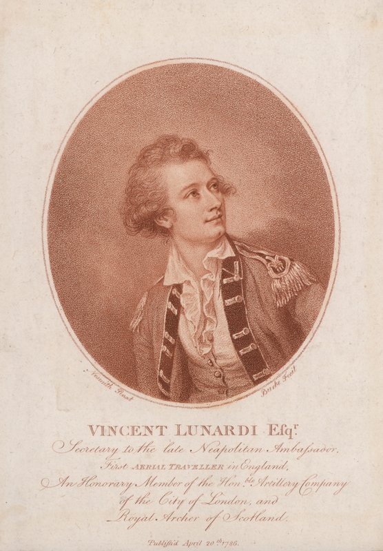 Vincenzo Lunardi, průkopnický italský balonista (rytina) od Burke Nesmith