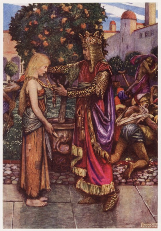 "Král ji znovu povolal zpět, / A dal jí svůj řetěz" (barva litho) od Byam (after) Shaw