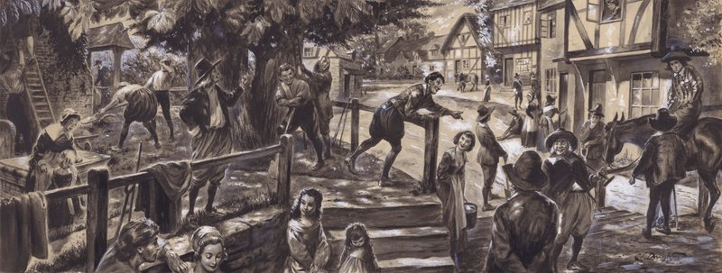 Farní scéna ze 17. století (kvaš na papíře) od C.L. Doughty