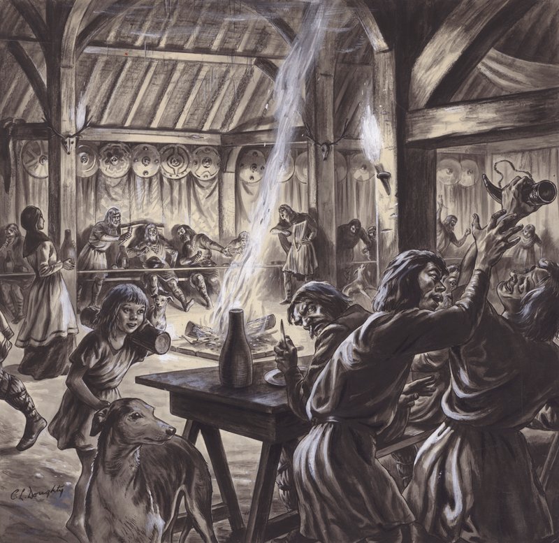 Hostina v anglosaském thegns hall (kvaš na papíře) od C.L. Doughty