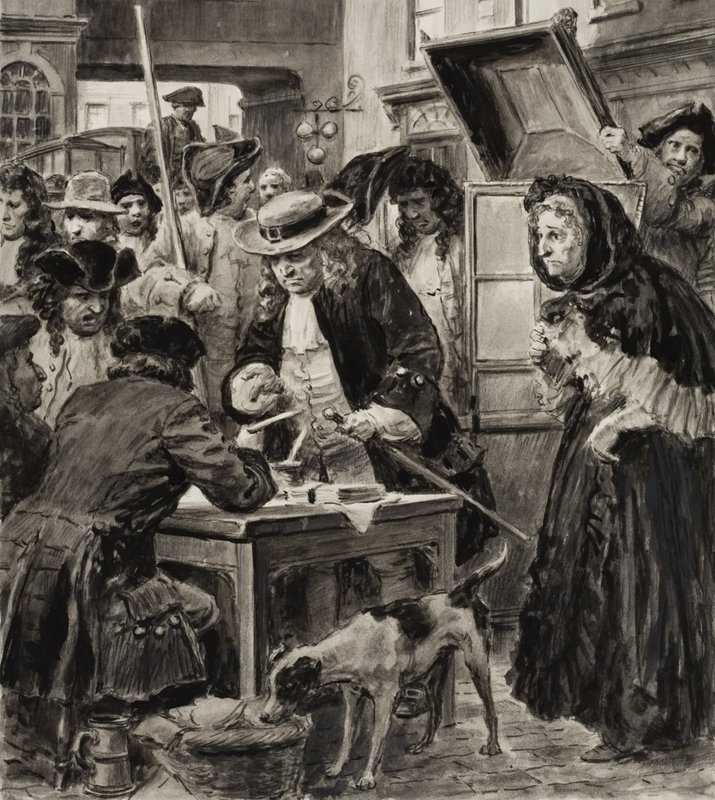Zastavárník z 18. století a jeho zákazníci (kvaš na papíře) od C.L. Doughty