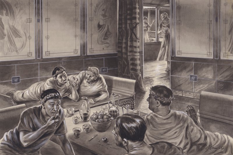 Anglo-římané jedí v trikliniu (kvaš na papíře) od C.L. Doughty