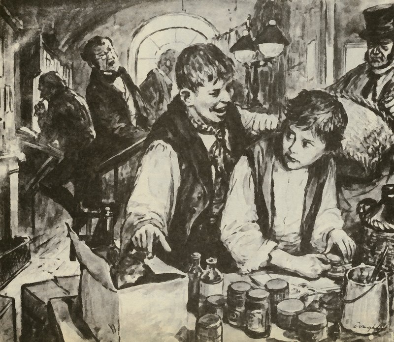Charles Dickens jako chlapec v továrně na černění (litografie) od C.L. Doughty