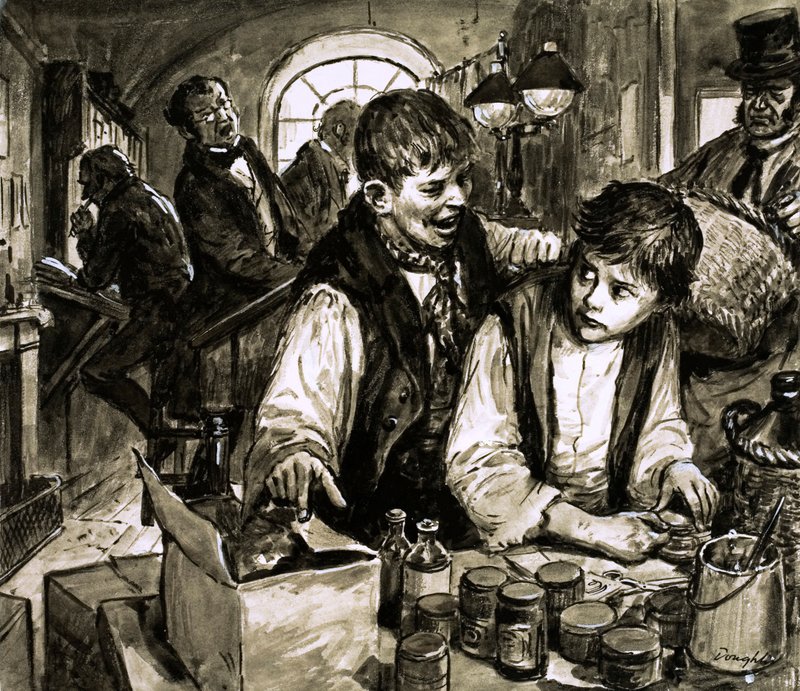 Charles Dickens v továrně na černění (kvaš na papíře) od C.L. Doughty