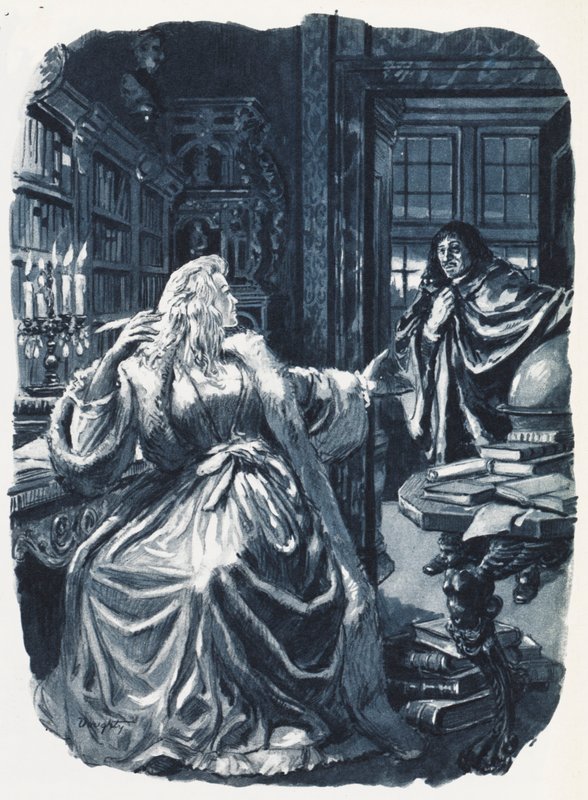 Kristýna Švédská povolala filozofa Descarta, aby ji třikrát týdně poučoval (barevná litografie) od C.L. Doughty