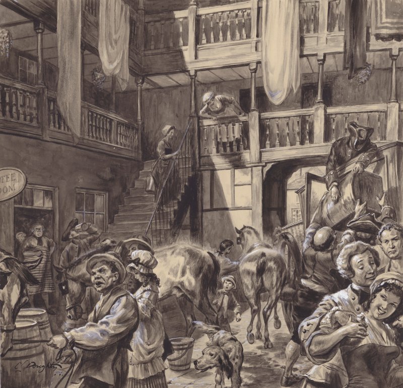 Nádvoří hostince, konec 18. století (kvaš na papíře) od C.L. Doughty