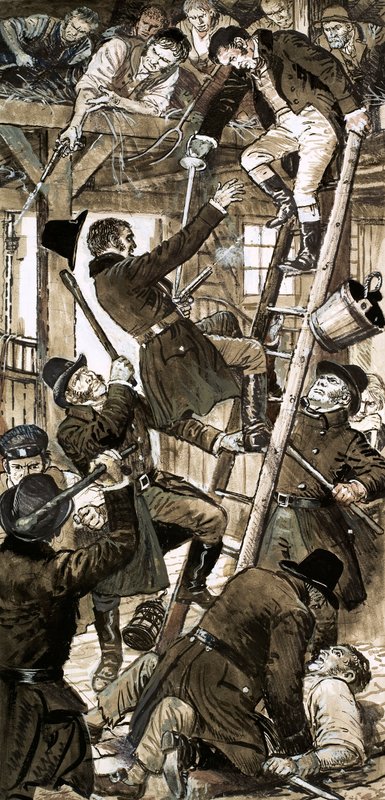 Střet mezi policisty z Bow Street a spiklenci z Cato Street 23. února 1820 (kvaš na papíře) od C.L. Doughty