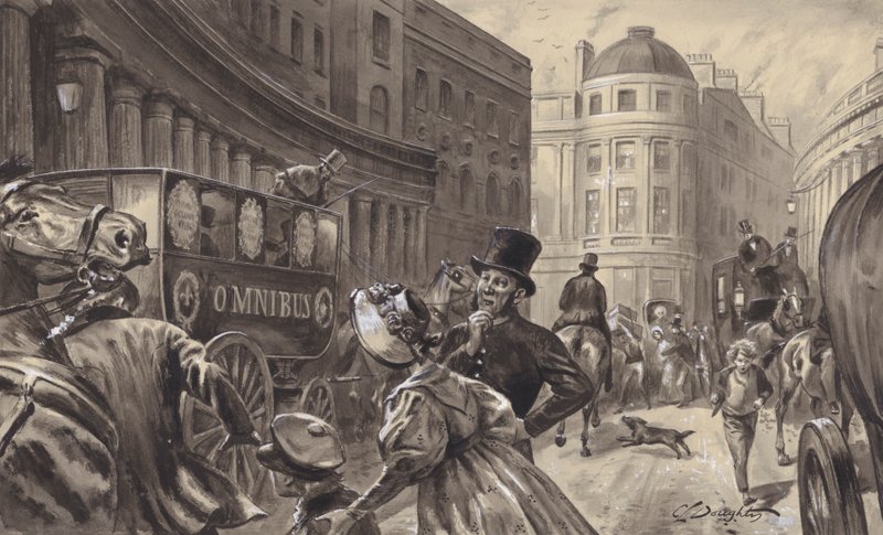 Omnibus tažený koňmi, Londýn (kvaš na papíře) od C.L. Doughty