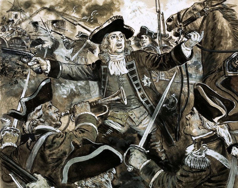 Král Jiří II. na bitevním poli u Dettingenu (kvaš na papíře) od C.L. Doughty
