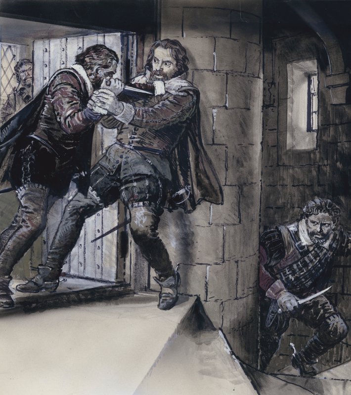 Lord Gowrie kreslí dýku skotského krále Jakuba VI (kvaš na papíře) od C.L. Doughty