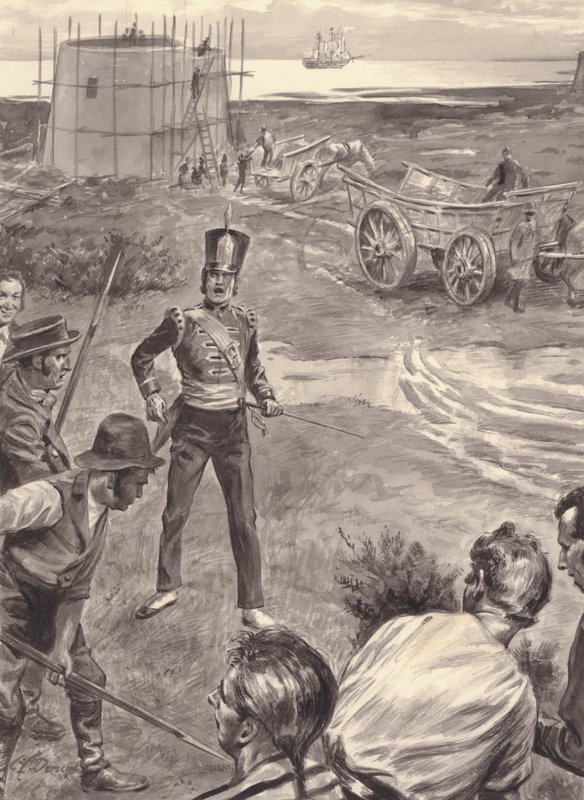 Stavba věží Martello v očekávání Napoleonovy invaze do Anglie (kvaš na papíře) od C.L. Doughty