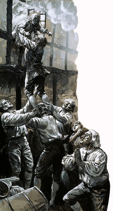 Záchrana mladého Johna Wesleyho (kvaš na papíře) od C.L. Doughty
