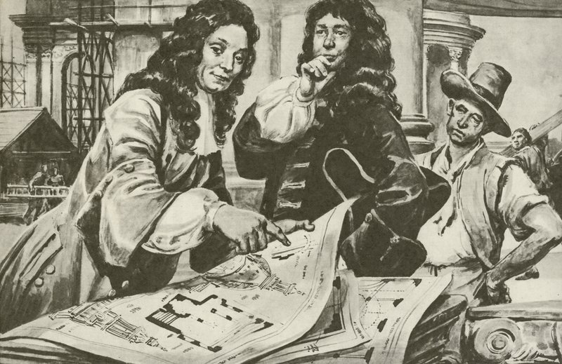 Sir Christopher Wren, architekt katedrály svatého Pavla v Londýně (litografie) od C.L. Doughty