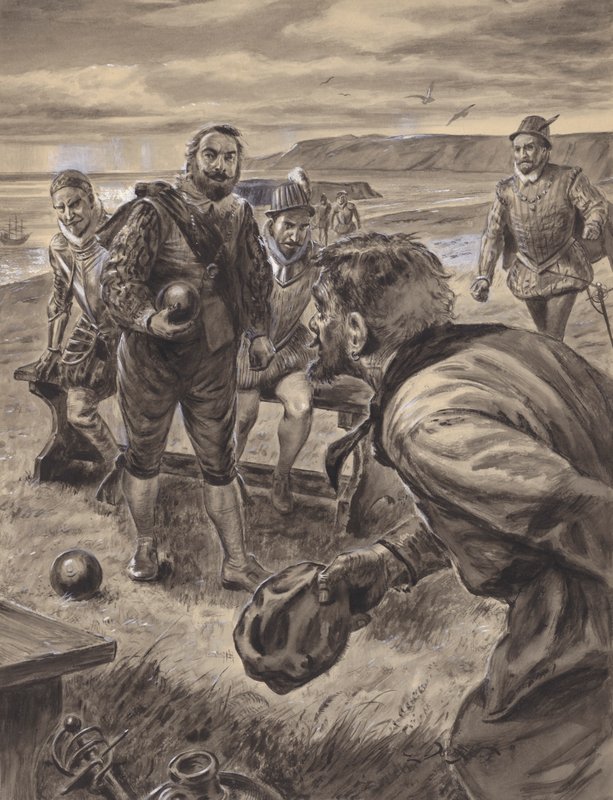 Sir Francis Drake při hře na kuželky, když dostává zprávy o španělské armádě (kvaš na papíře) od C.L. Doughty