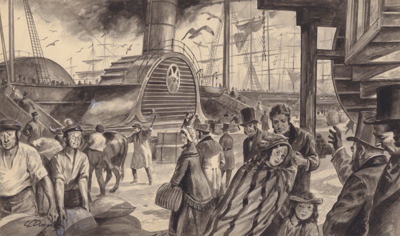 Parní loď Cunard Companys Britannia, která v roce 1840 zahájila čtrnáctidenní plavbu do Ameriky (kvaš na papíře) od C.L. Doughty