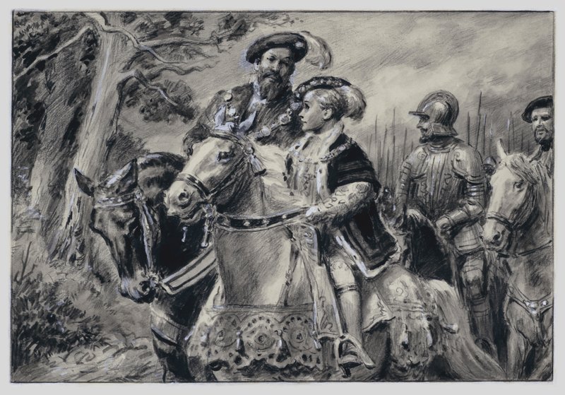 Lord protektor, vévoda ze Somersetu, přiváží mladého krále Eduarda VI. do Windsoru (kvaš na papíře) od C.L. Doughty