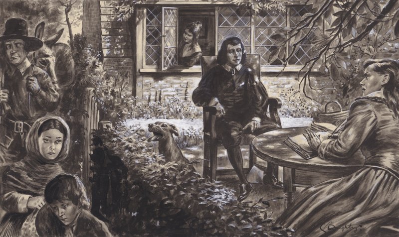 Básník John Milton na zahradě se svými dcerami (kvaš na papíře) od C.L. Doughty