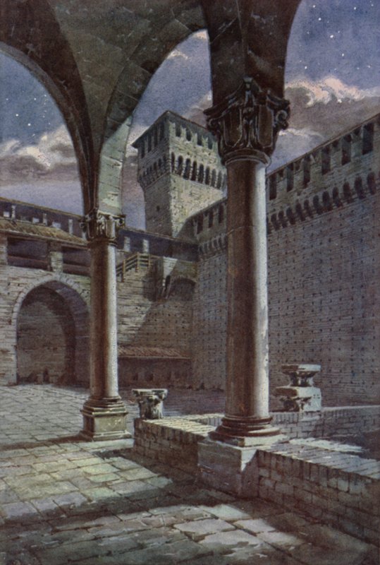 Nádvoří, Castel Sforza, Milán (barevné lito) od C.T.G. Formili