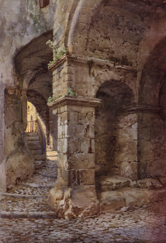 Středověká pevnost, Terracina (barevná lito) od C.T.G. Formili