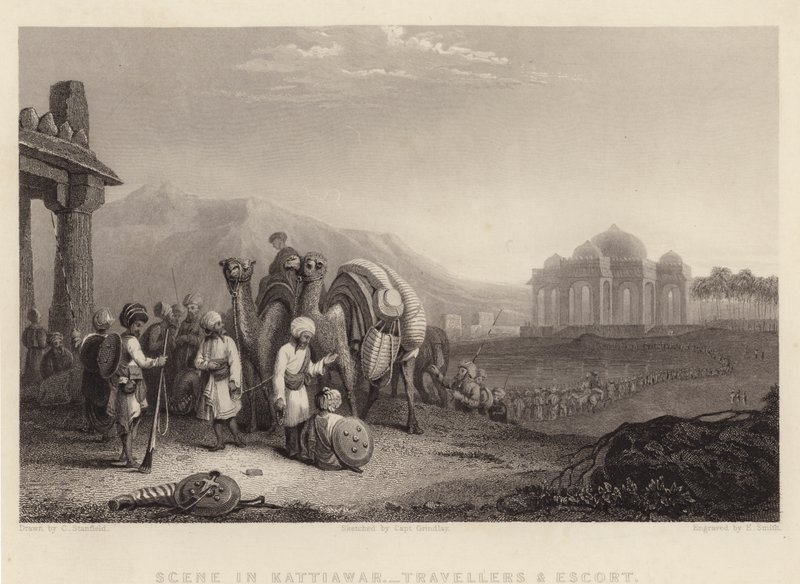 Scéna v Kattiawar, Travelers and Escort (rytina) od C. (after) Stanfield