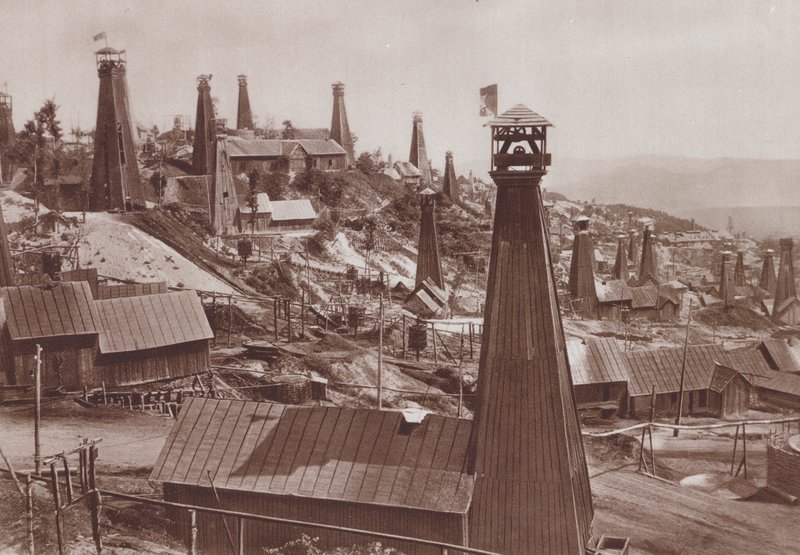 Ropné vrty v Bustenari, Rumunsko (č/b foto) od C. Chusseau Flaviens