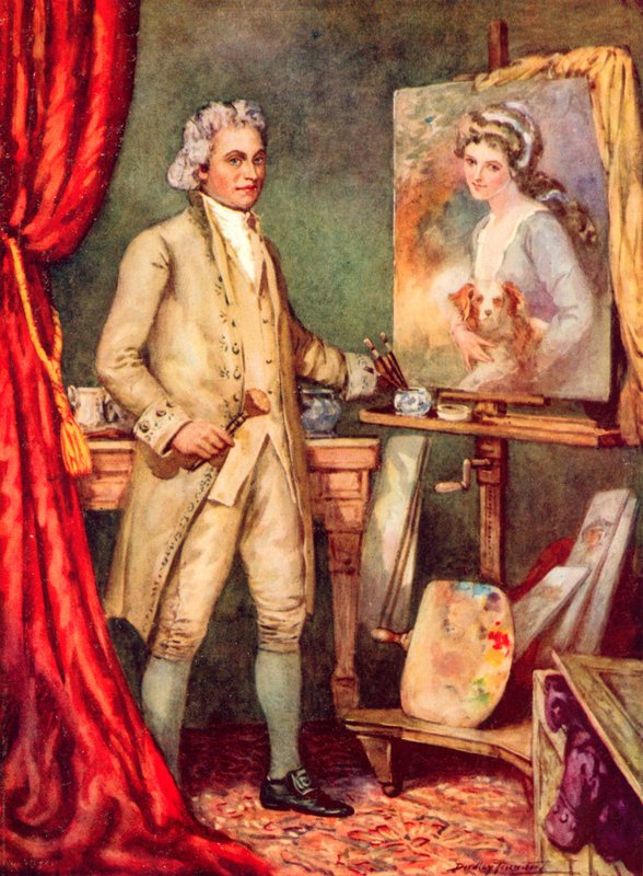 George Romney maluje obraz Lady Hamilton (barevně lito) od C. Dudley Tennant