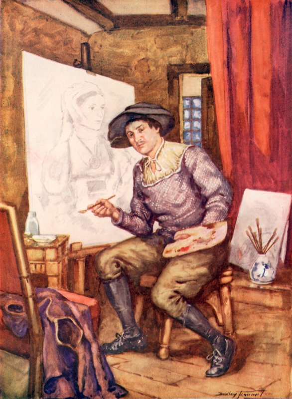 Hans Holbein při práci ve svém ateliéru (barevné lito) od C. Dudley Tennant