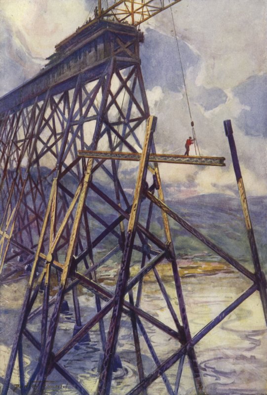 Nastavení oceli bitevního říčního viaduktu Grand Trunk Pacific Railway, Kanada (barva litho) od C. Dudley Tennant