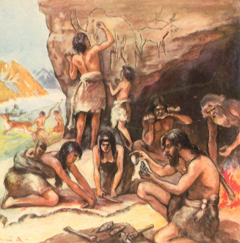 Rodinná jeskyně z doby kamenné (vylepšená barevná litografie) od Carl Arriens