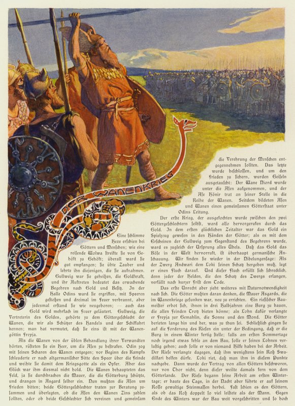 Odin vrhá své kopí, aby zahájil válku Aesir-Vanir (barevné lito) od Carl Emil Doepler