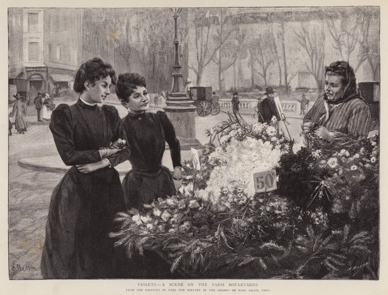 Fialky - scéna na pařížských bulvárech, malba v salonu Champs de Mars, Paříž (litho) od Carl Ernest von Stetten