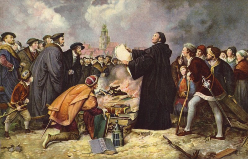 Martin Luther pálí papežskou bulu v roce 1520 (barevně lito) od Carl Friedrich (after) Lessing