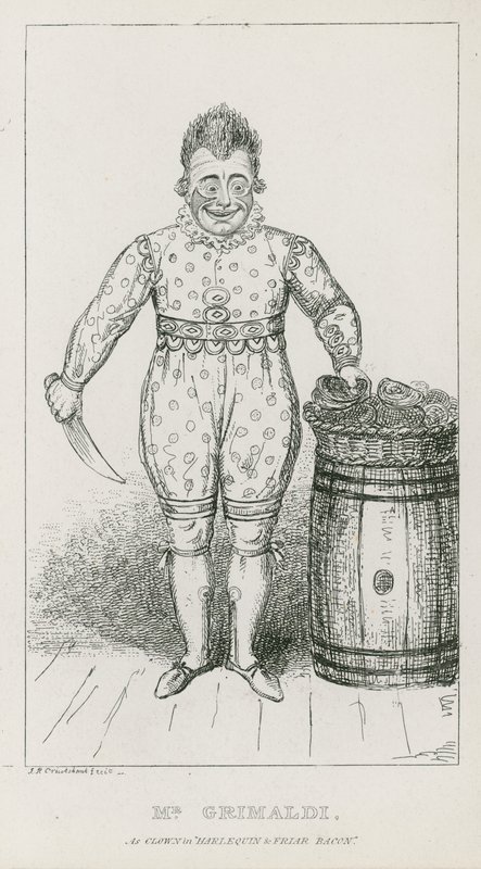Pan Joseph Grimaldi jako klaun v Harlequin a Friar Bacon od Carl Georg Adolph Hasenpflug