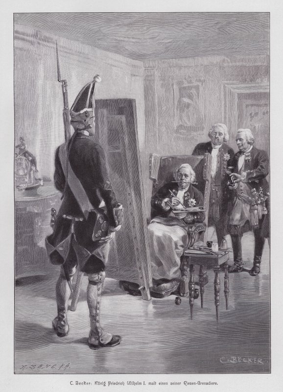 Pruský král Fridrich Vilém I. maluje granátníka ze své Postupimské Riesengardy (Giant Guard of Potsdam) (rytina) od Carl Ludwig Friedrich (after) Becker
