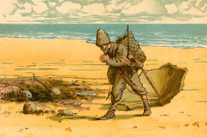Robinson Crusoe vidí pláž posetou lidskými lebkami a lidskými kostmi od Carl Marr