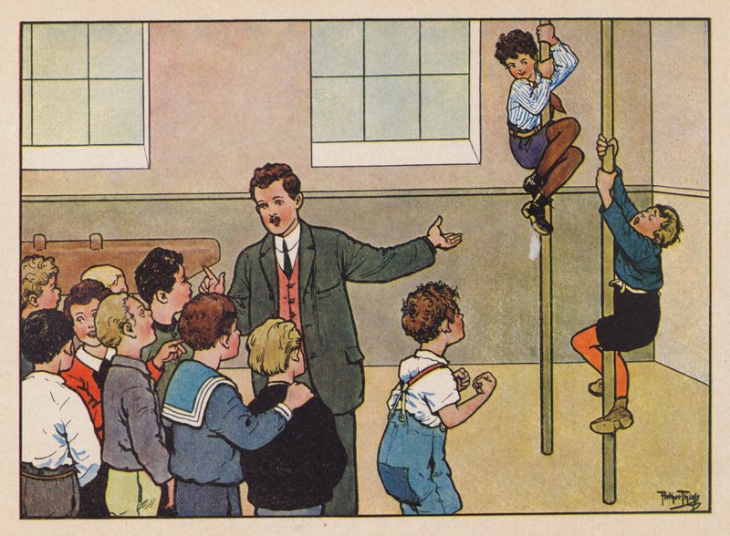 Chlapci šplhající po tyčích v tělocvičně (barevná litografie) od Carl Robert Arthur Thiele