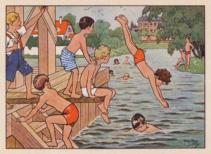 Chlapecké plavání a potápění (barevná litografie) od Carl Robert Arthur Thiele