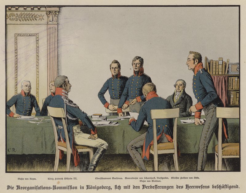 Král Fridrich Vilém III na schůzi pruské vojenské reorganizační komise v Königsbergu (barevné lito) od Carl Röchling