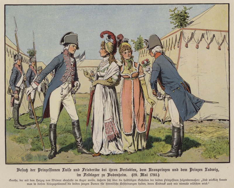 Princezny Louise a Frederica z Mecklenburg-Strelitz na návštěvě svých snoubenců, korunní princ Fridrich Vilém Pruský a princ Ludwig Hannoverský ve vojenském táboře Bodenheim, 20. května 1793 (barevně lito) od Carl Röchling