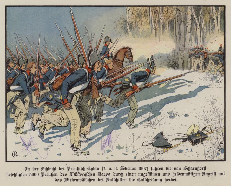 Pruská pěchota útočící v bitvě u Eylau, 7.-8. února 1807 (barva litho) od Carl Röchling