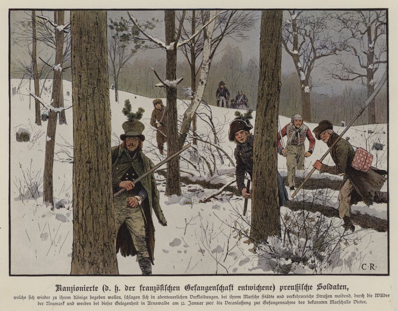 Pruští vojáci vyhýbající se francouzskému zajetí, leden 1807 (barva lito) od Carl Röchling