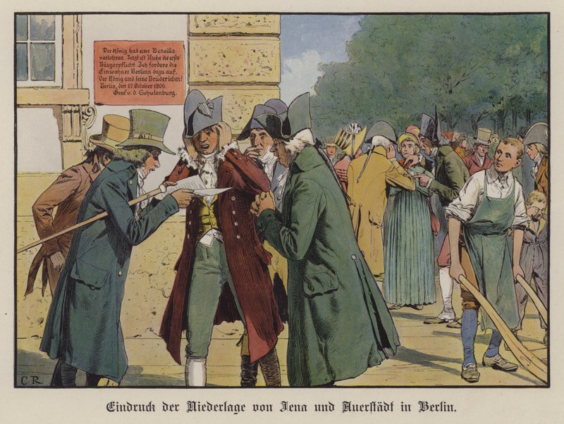 Účinek zprávy o porážce Pruska v bitvě u Jena-Auerstadt v ulicích Berlína (barva litho) od Carl Röchling