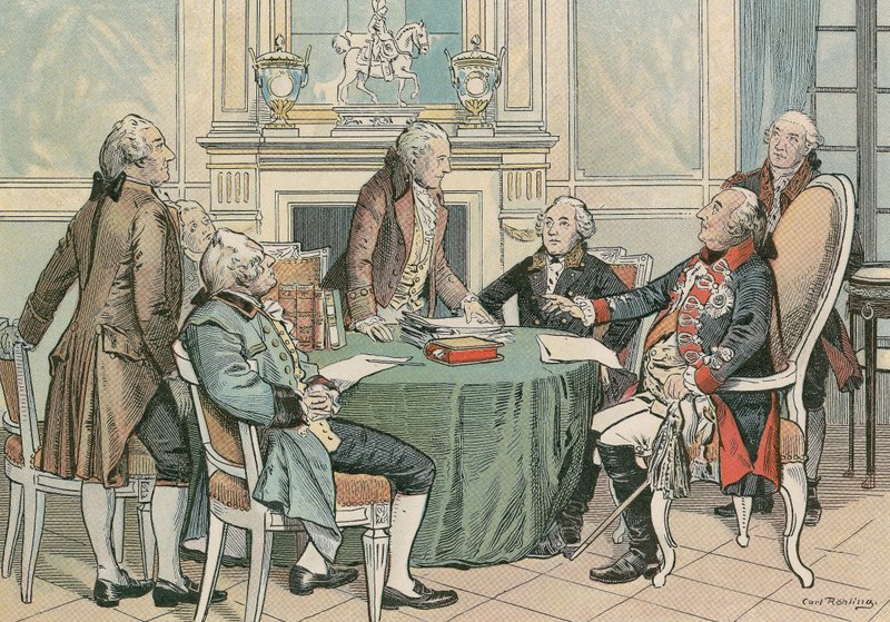 Frederick William II, pruský král (1744-1797) při konzultaci o pruském obecném občanském zákoníku (kolem 1790) od Carl Rohling