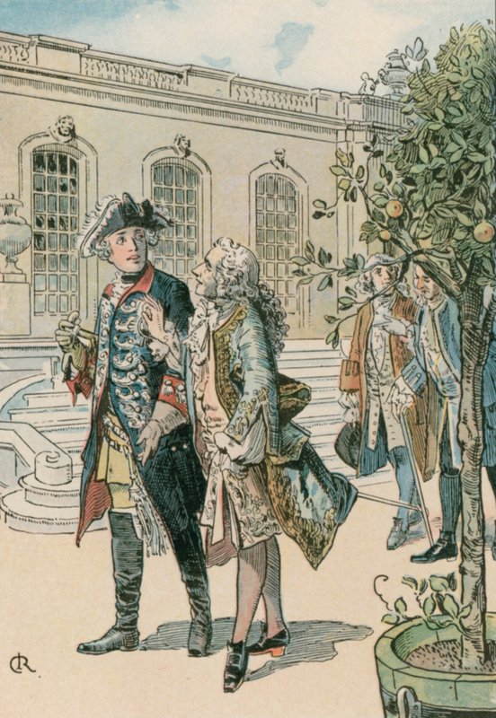 Fridrich Veliký (1712-1786) v rozhovoru s francouzským filozofem Voltairem (1694-1778) od Carl Rohling