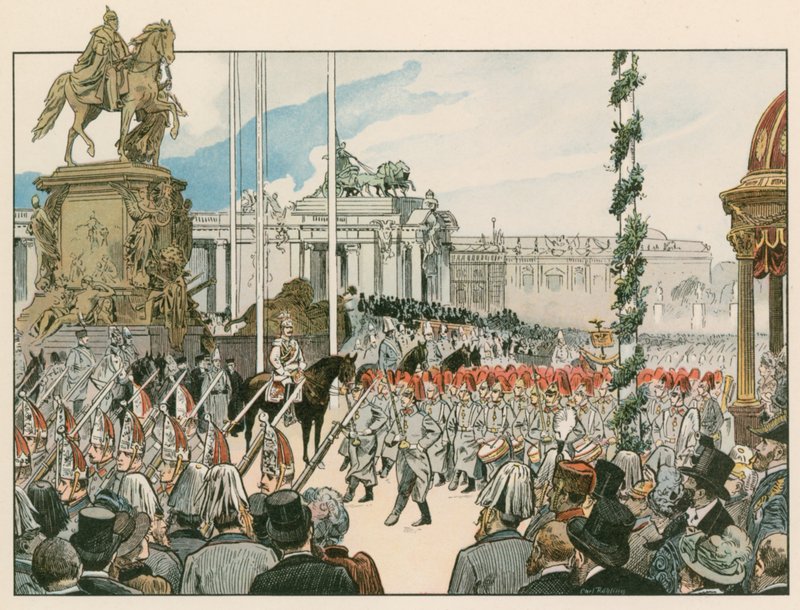 Wilhelm II., německý císař a král Pruska (1859-1941), při zasvěcení národního památníku v Berlíně v roce 1897 od Carl Rohling