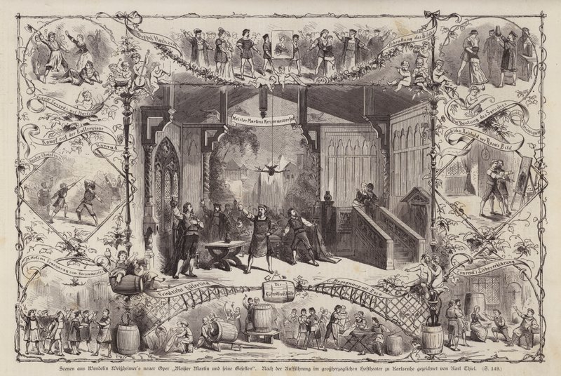 Scény z opery německého skladatele Wendelina Weissheimera Mistr Martin und Seine Gesellen (Mistr Martin a jeho druhové), uvedené v Grossherzoglichen Hoftheater, Karlsruhe, Německo (rytina) od Carl Thiel