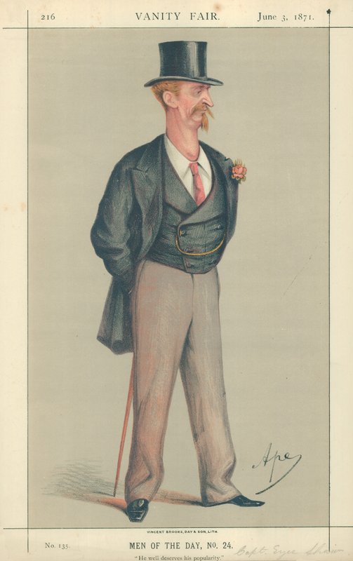 Kapitán Eyre Shaw, zaslouží si svou popularitu, 3. června 1871, karikatura Vanity Fair od Carlo Pellegrini