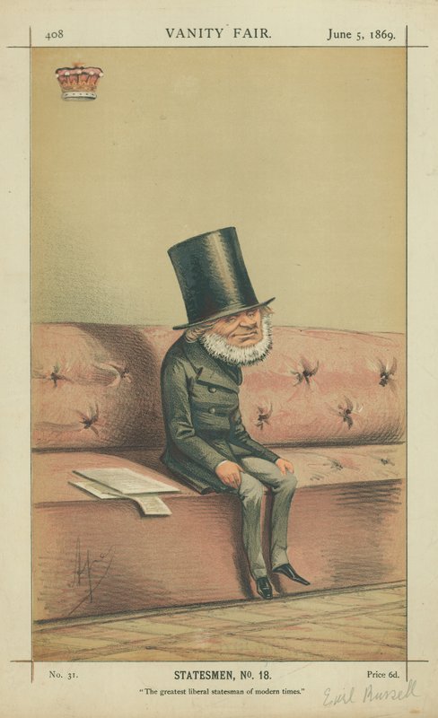 hrabě z Russell, největší liberální státníci moderní doby, 5. června 1869, karikatura Vanity Fair od Carlo Pellegrini